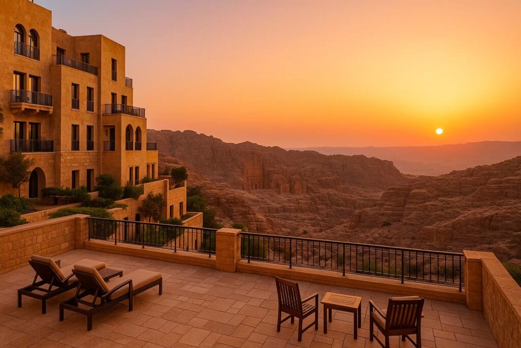 A boutique hotel near Petra with local stone design and mountain backdrop