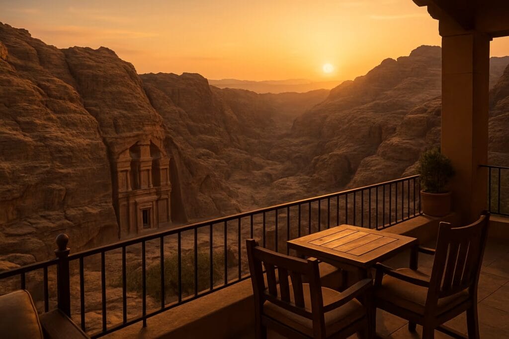 Scenic view of a hotel terrace facing Petra’s sandstone cliffs at sunset