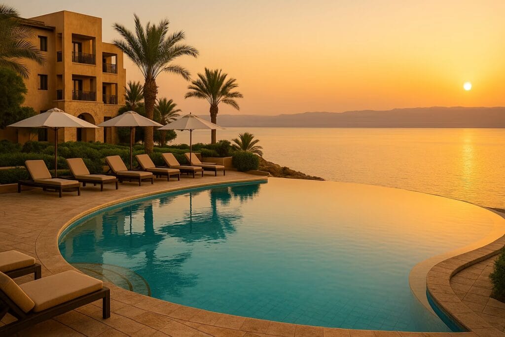 Sunset view of a luxurious poolside at a Dead Sea resort with palm trees