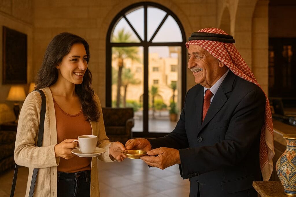Smiling hotel staff welcoming a guest in a traditional Jordanian lobby